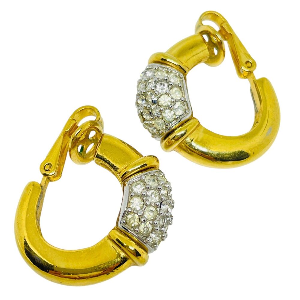 GIVENCHY signed vintage gold tone crystals designer hoop clip on earrings